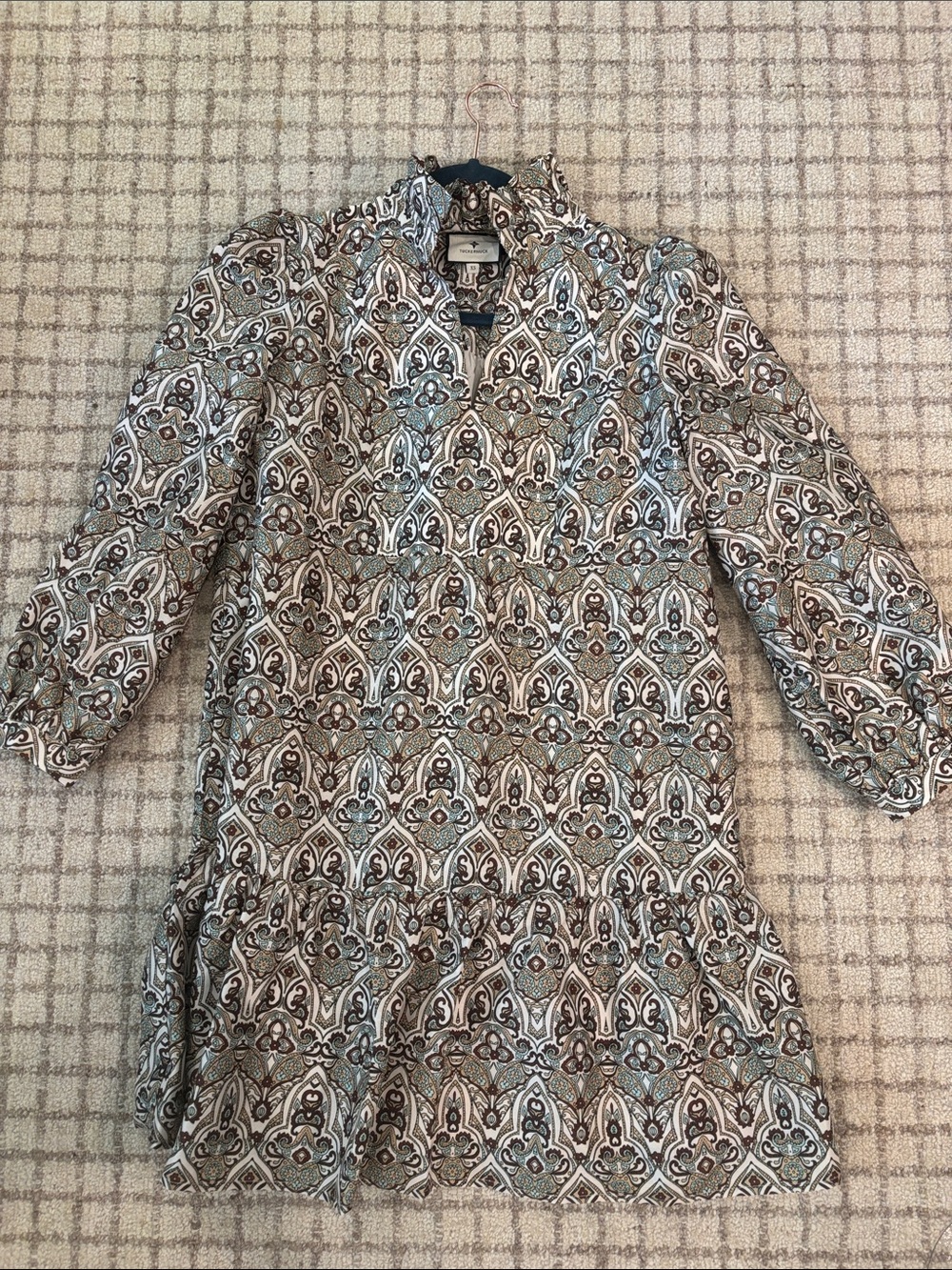 Tuckernuck Printed Ruffle-Hem Mini Dress in Beige, Brown & Light Blue
